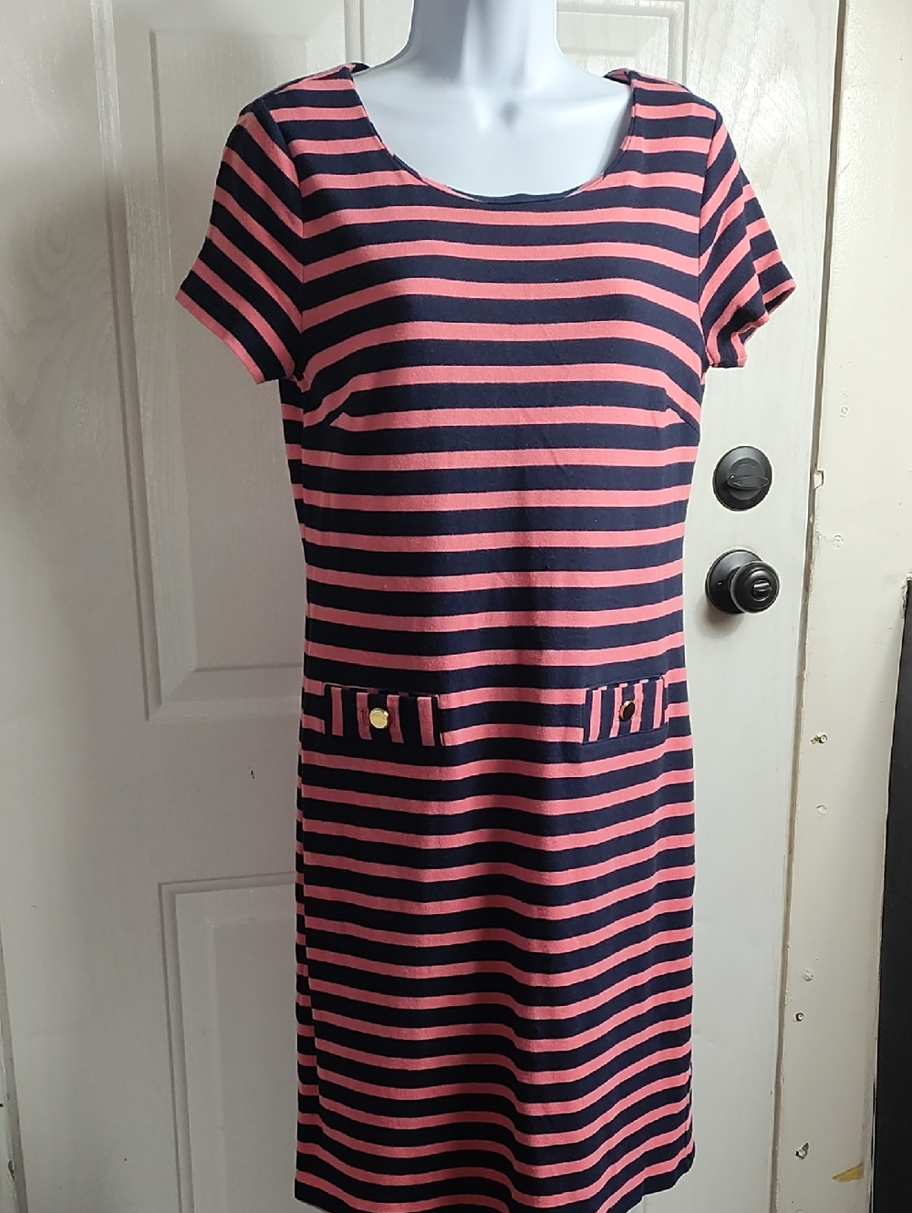 Talbots Pink and Navy Striped Short Sleeve Dress